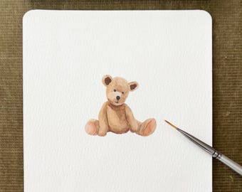 Teddy Bear Watercolour Miniature Art Print, Nursery Wall Art, Kids Room Print, Baby's Room Wall Art, Tiny Art