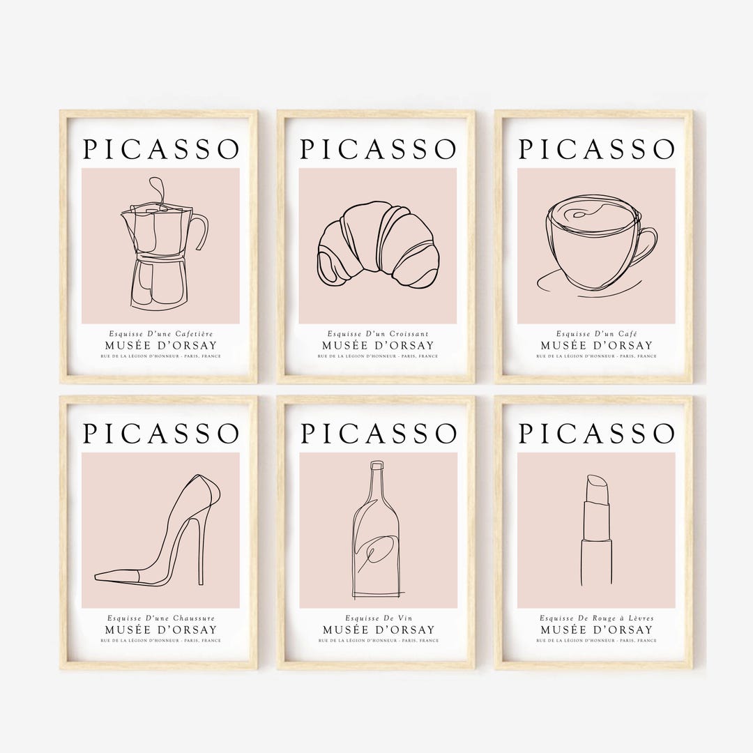 French Picasso Line Art Print: Minimalist Coffee & Croissant
