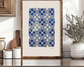 Lisbon Azulejos Watercolor Print, Portuguese Tile Wall Art, Blue Ceramic Pattern, Mediterranean Home Décor