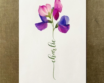 Sweet Pea Custom Flower Name, Watercolour Flower Print, Unique Gift Birthday, Nursery, Baby Shower, Wedding, Anniversary, Personalized