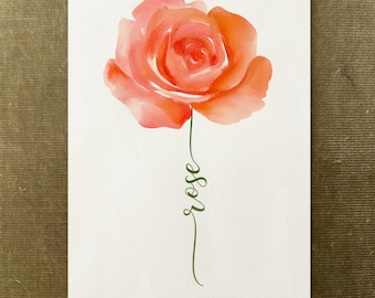 Peach Rose Custom Flower Name, Watercolour Flower Print, Unique Gift Birthday, Nursery, Baby Shower, Wedding, Anniversary, Personalized