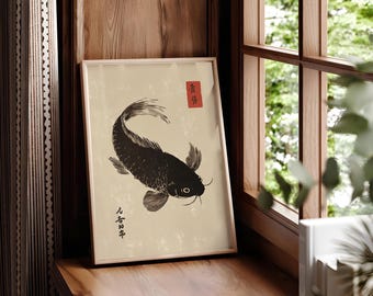 Japanska Koi-tryck, Matsumoto Hoji-inspirerade, Japanska bläcktryck, Matsumoto Hoji-tryck, Japansk väggkonst, Koi-tryck