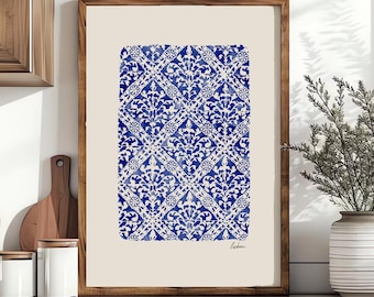 Lisbon Azulejos Watercolor Print, Portuguese Tile Wall Art, Blue Ceramic Pattern, Mediterranean Home Décor