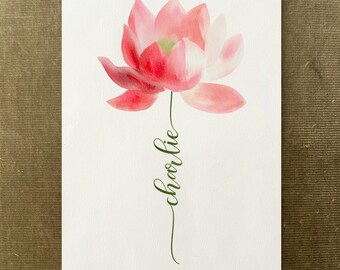 Lotus Flower Custom Flower Name, Watercolour Flower Print, Unique Gift for Birthday, Nursery, Baby Shower, Wedding, Anniversary
