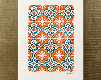 Madrid Tile Watercolor Print, Colourful Azulejos Watercolor, Spanish Ceramic Pattern, Mediterranean Home Decor, Burnt Orange Print