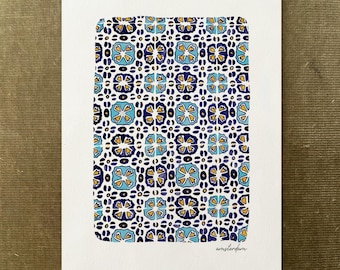 Amsterdam Tile Watercolor Print, Azulejos Tile Art, Ceramic Pattern Wall Art, Rustic Farmhouse Décor