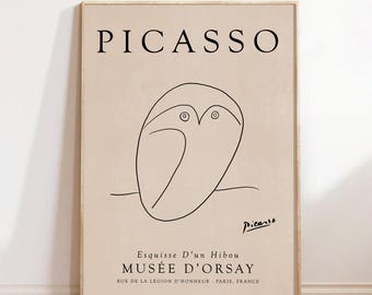 Póster de arte lineal de búho de Picasso, boceto de Picasso, arte de pared minimalista, póster marrón neutro, dibujo lineal abstracto, arte de pared de Picasso