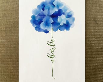 Blue Hydrangea Custom Flower Name, Watercolour Flower Print, Unique Gift for Birthday, Nursery, Baby Shower, Wedding, Anniversary