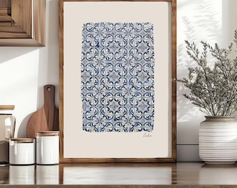 Lisbon Azulejos Watercolor Print, Portuguese Tile Wall Art, Blue Ceramic Pattern, Mediterranean Home Décor