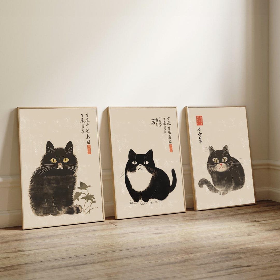Japanese Set of 3 Cat Print, Frog Matsumoto Hoji Print Set, Japanese ...