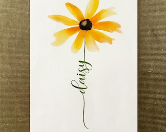 Personalized Yellow Daisy Name Print: Custom Watercolor Flower Art