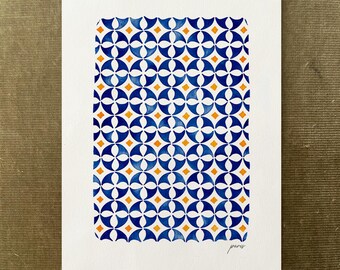 Paris Tile Watercolor Print, French Ceramic Pattern Wall Art, Cottagecore Rustic Home Décor