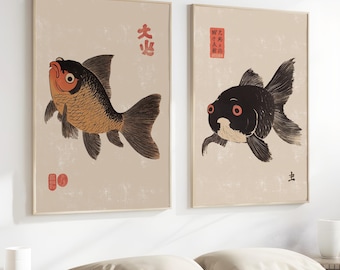 Set med 2 japanska Koi-tryck, Matsumoto Hoji-tryckset, japanska bläcktryck, Matsumoto Hoji-tryck, japansk väggkonst, Koi-fisktryck