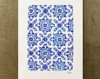 Lisbon Azulejos Watercolor Print, Portuguese Tile Wall Art, Blue Green Ceramic Pattern, Mediterranean Home Décor