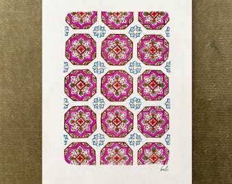 Bali Tile Watercolor Print, Thai Ceramic Pattern Wall Art, Asian Décor, Indonesian Print, Bali Travel Print