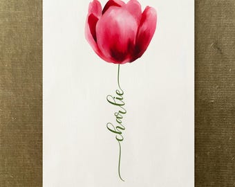 Red Tulip Custom Flower Name, Watercolour Flower Print, Unique Gift Birthday, Nursery, Baby Shower, Wedding, Anniversary, Personalized