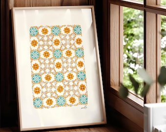 Seville Azulejos Watercolor Print, Andalusian Tile Wall Art, Spanish Pattern, Rustic Mediterranean Décor