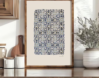 Seville Azulejos Watercolor Print, Andalusian Tile Wall Art, Spanish Pattern, Rustic Mediterranean Décor