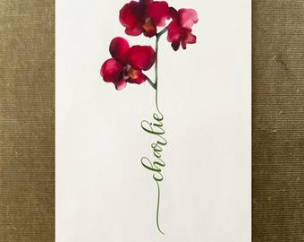 Plum Orchid Custom Flower Name, Watercolour Flower Print, Unique Gift Birthday, Nursery, Baby Shower, Wedding, Anniversary, Personalized