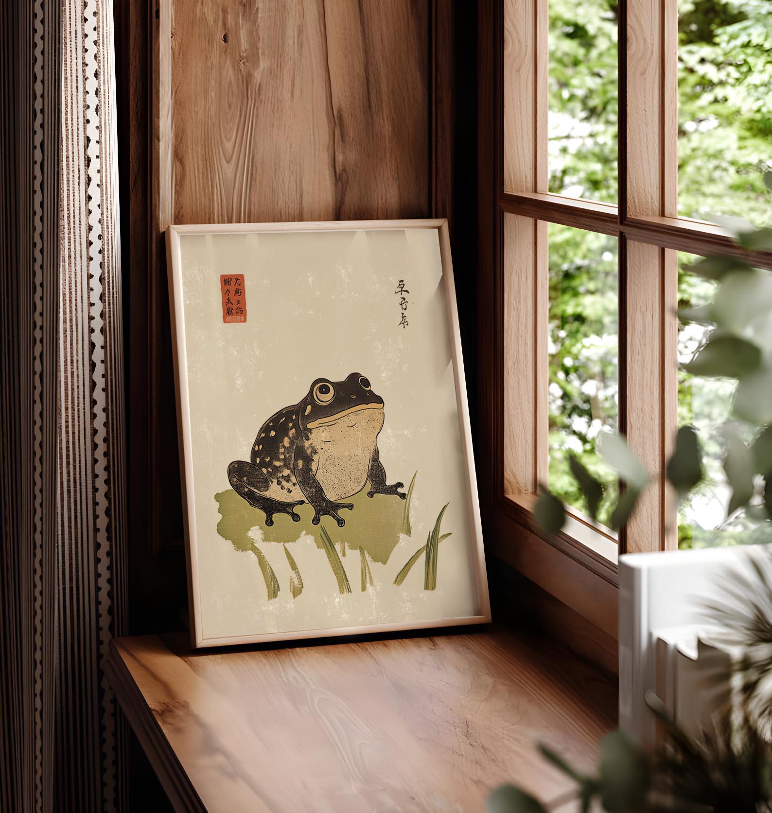 日本のカエルの版画、松本宝司にインスパイアされた、日本の水墨画