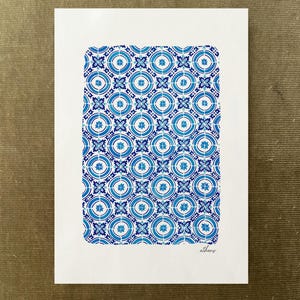 Athens Azulejos Watercolor Print, Mediterranean Tile Wall Art, Ceramic Pattern, Mediterranean Home Décor, Blue Tile Art, Greece Print