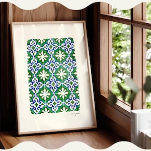 May include: A rectangular framed print featuring a repeating pattern of green and blue geometric tile motifs on a white background. The design includes intricate star-like shapes and scrollwork. The text "new york" is printed in the bottom right corner.