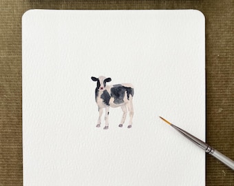 Calf Watercolour Miniature Cow Watercolour Print, Small Hand-Painted Style Wall Art, Cute Wildlife Illustration, Tiny Art