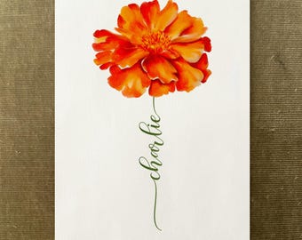 Marigold Custom Flower Name, Watercolour Flower Print, Unique Gift Birthday, Nursery, Baby Shower, Wedding, Anniversary, Personalized