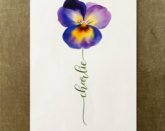 Purple Pansy Custom Flower Name, Watercolour Flower Print, Unique Gift Birthday, Nursery, Baby Shower, Wedding, Anniversary, Personalized