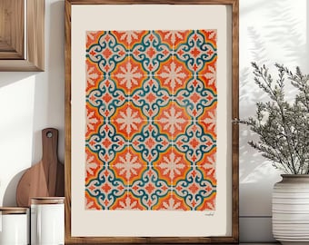 Madrid Tile Watercolor Print, Colourful Azulejos Watercolor, Spanish Ceramic Pattern, Mediterranean Home Decor, Burnt Orange Print