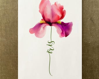 Iris Custom Flower Name, Watercolour Flower Print, Unique Gift for Birthday, Nursery, Baby Shower, Wedding, Anniversary, Personalized