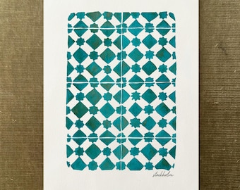 Sockholm Tile Watercolor Print, Scandinavian Ceramic Pattern Wall Art, Rustic Nordic Home Decor