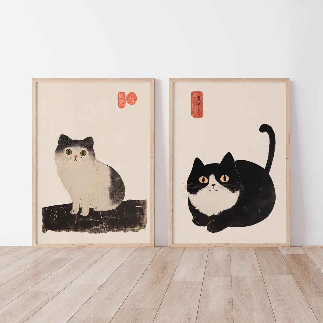 Set of 2 Japanese Cat Print, Matsumoto Hoji Print Set, Japanese Ink ...