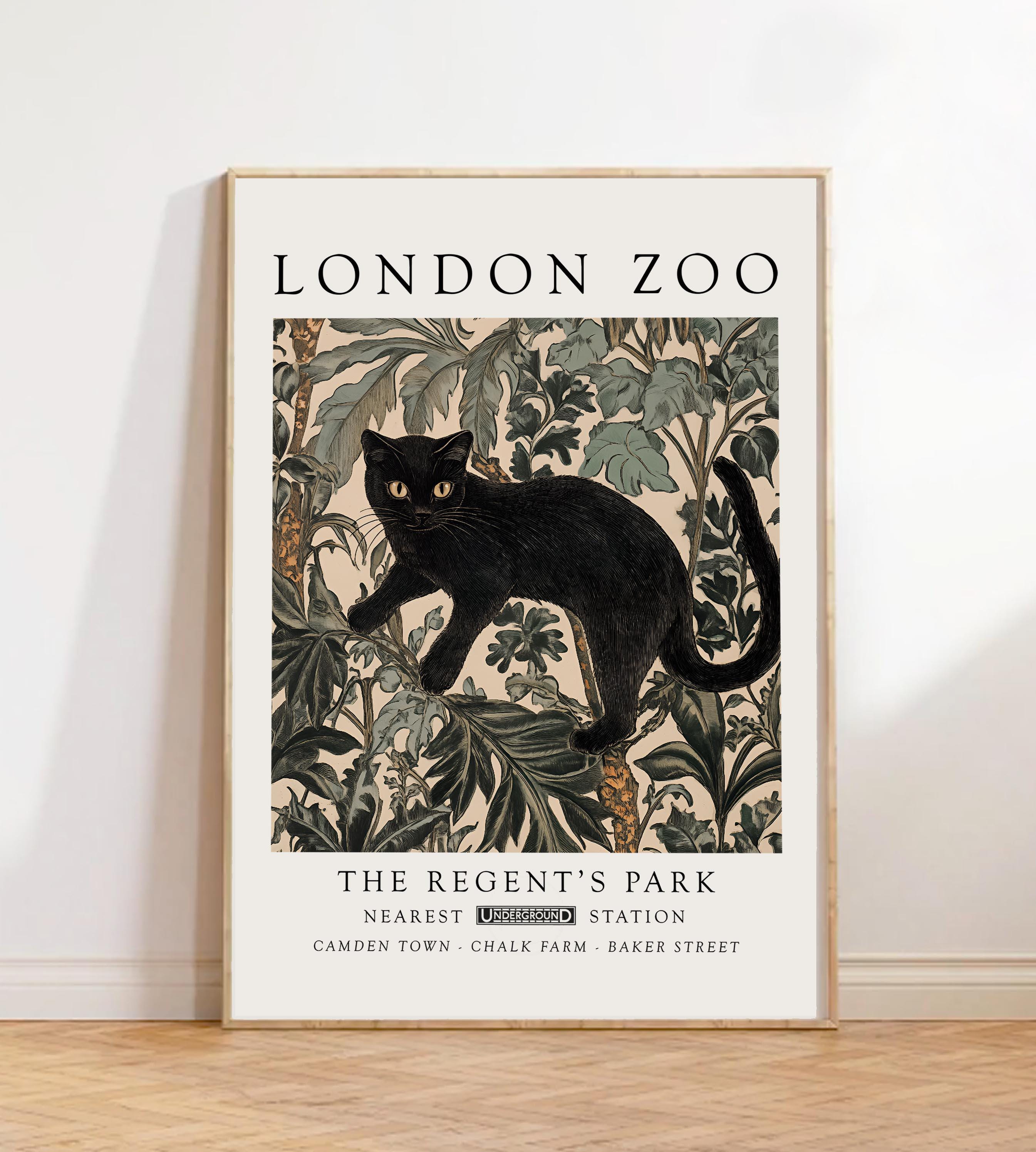 Black Cat London Zoo Poster, William Morris Inspired Vintage