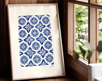 Portuguese Azulejos Watercolor Print, Portuguese Tile Wall Art, Blue Ceramic Pattern, Mediterranean Home Décor, Proto
