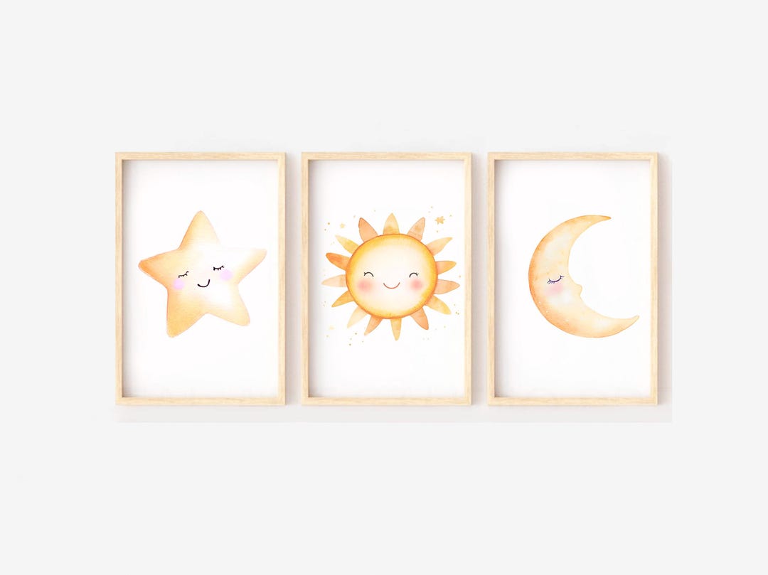 Celestial Nursery Decor, Set of 3 Nursery Wall Art, Sun Moon Star Kids ...