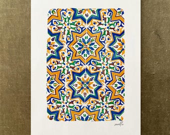 Seville Azulejos Watercolor Print, Andalusian Tile Wall Art, Spanish Pattern, Rustic Mediterranean Décor