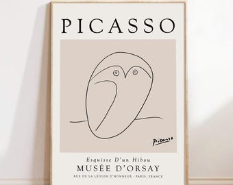 Póster de arte lineal de búho de Picasso, boceto de Picasso, arte mural minimalista, pósteres a color, dibujo lineal abstracto, arte mural de Picasso, lámina de Picasso