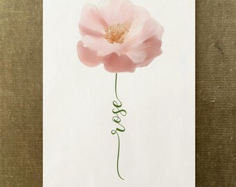 Pale Pink Rose Custom Flower Name, Watercolour Flower Print, Unique Gift Birthday, Nursery, Baby Shower, Wedding, Anniversary, Personalized