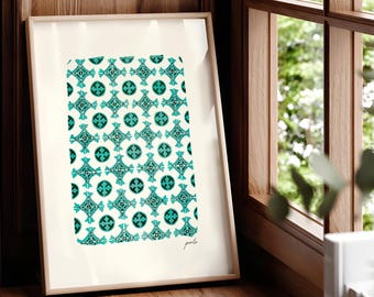 Porto Azulejos Watercolor Print, Portuguese Tile Wall Art, Blue Green Ceramic Pattern, Mediterranean Home Décor