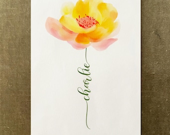 Yellow Peony Custom Flower Name, Watercolour Flower Print, Unique Gift Birthday, Nursery, Baby Shower, Wedding, Anniversary, Personalized