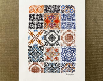 Barcelona Tile Wall Art Print, Colourful Azulejos Watercolor, Spanish Ceramic Pattern, Mediterranean Home Decor