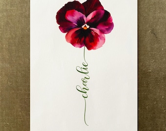 Pink Pansy Custom Flower Name, Watercolour Flower Print, Unique Gift Birthday, Nursery, Baby Shower, Wedding, Anniversary, Personalized