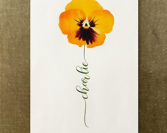 Yellow Pansy Custom Flower Name, Watercolour Flower Print, Unique Gift Birthday, Nursery, Baby Shower, Wedding, Anniversary, Personalized