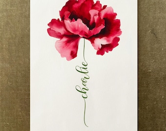 Pink Carnation Custom Flower Name, Watercolour Flower Print, Unique Gift for Birthday, Nursery, Baby Shower, Wedding, Anniversary