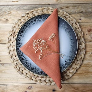 May include: A triangular folded burnt orange linen napkin placed on a round ceramic plate with a white center and a dark blue speckled rim, topped with a small sprig of dried white baby's breath flowers, resting on a woven round placemat.