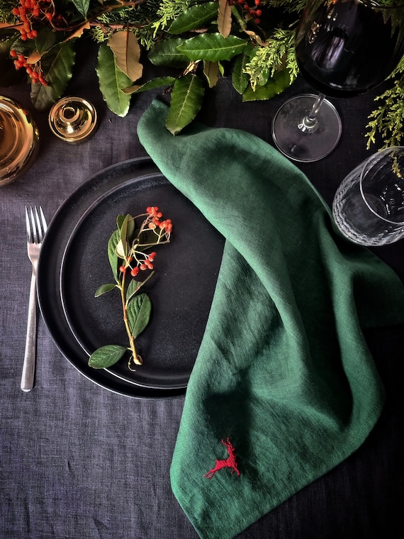 Bestickte Leinen-Servietten | Bestickte Leinen Weihnachtsservietten | Festliche Urlaub Tisch Dekor | Rustikale Weihnachtsservietten