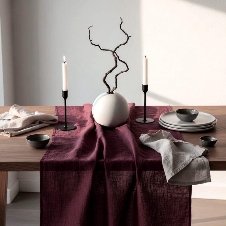 Camino de mesa de lino / Camino de mesa / Decoración de mesa / Camino de mesa para bodas / Camino de mesa de lino lavado Red Wine