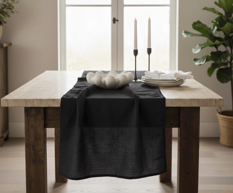 Camino de mesa de lino / Camino de mesa / Decoración de mesa / Camino de mesa para bodas / Camino de mesa de lino lavado Black