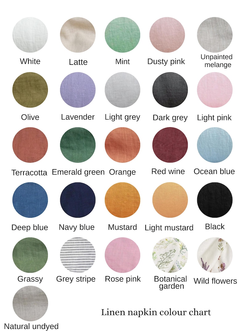 May include: A linen napkin color chart featuring twenty-six circular fabric swatches in various solid colors and patterns, including white, latte, mint, dusty pink, unpainted melange, olive, lavender, light grey, dark grey, light pink, terracotta, emerald green, orange, red wine, ocean blue, deep blue, navy blue, mustard, light mustard, black, grassy, grey stripe, rose pink, botanical garden, wild flowers, and natural undyed.